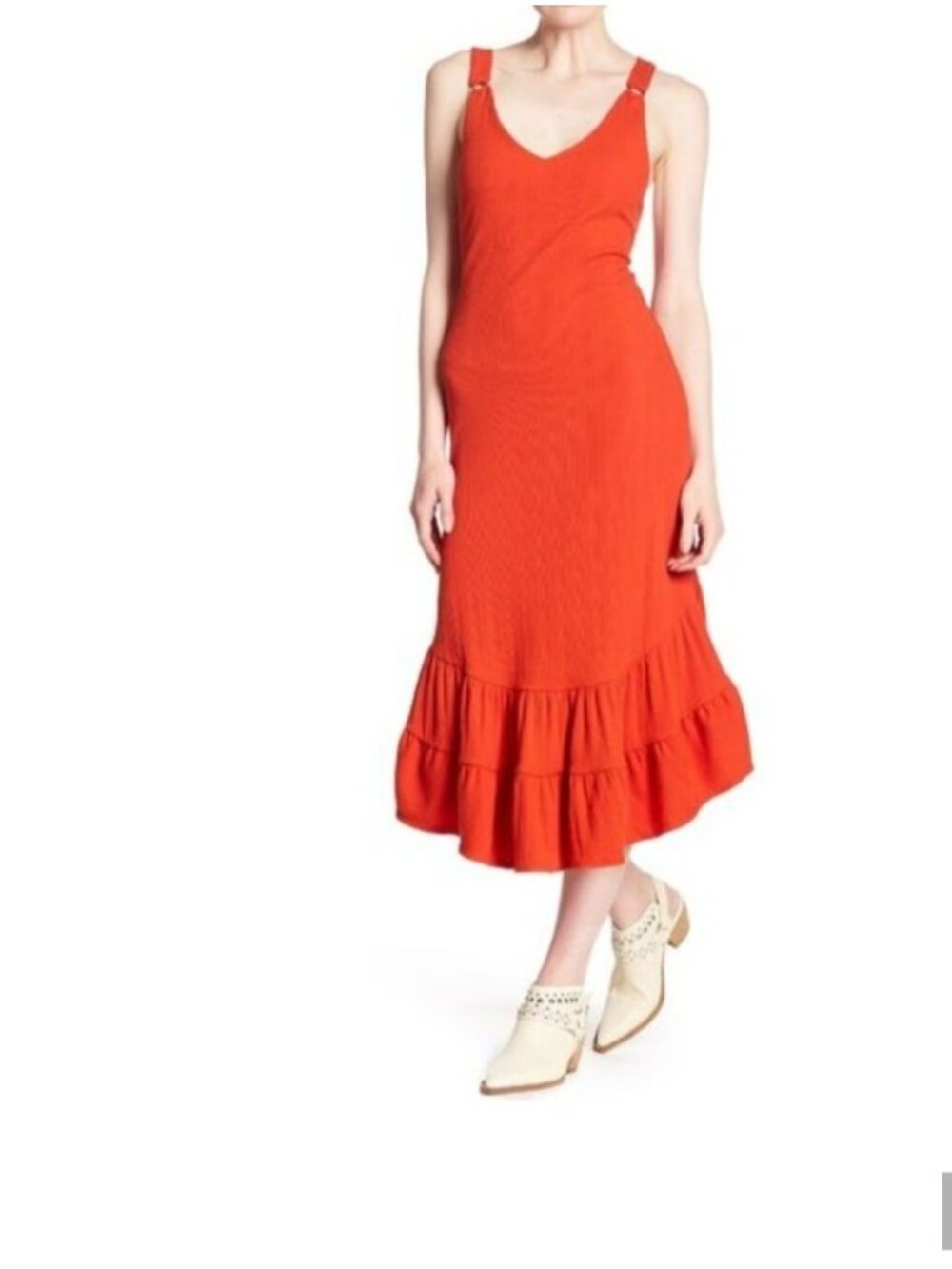 Free People Orange Ribbed Midi Dress Sleeveless Flounce Hem Bodycon Small Party